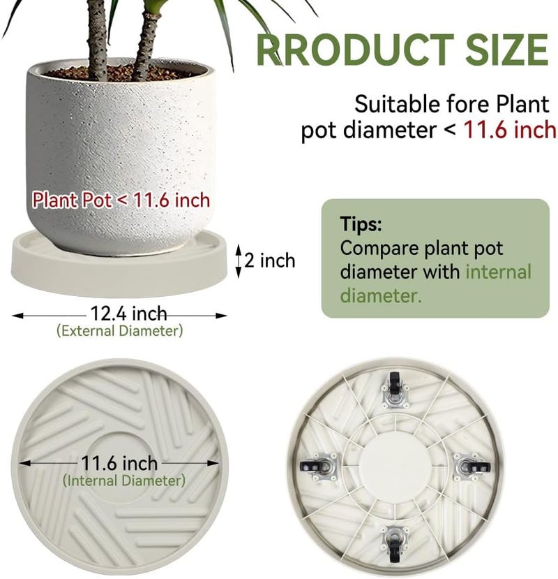 UoeRing 1 Pcs Plant Caddy with Wheels 12 Inch Hidden Wheels Heavy Duty Rolling Plant Stand, Indoor Outdoor Plant Saucer Tray with $9.9 Garden Tools (Beige) - Image 2